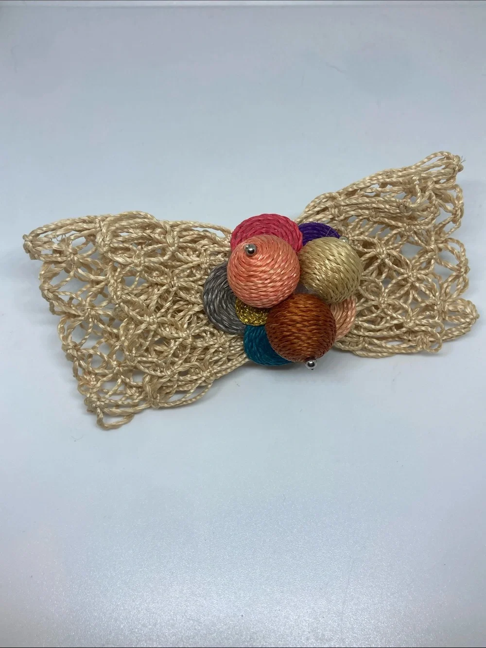 Beige Woven Bow with Multicolor Ball Cluster